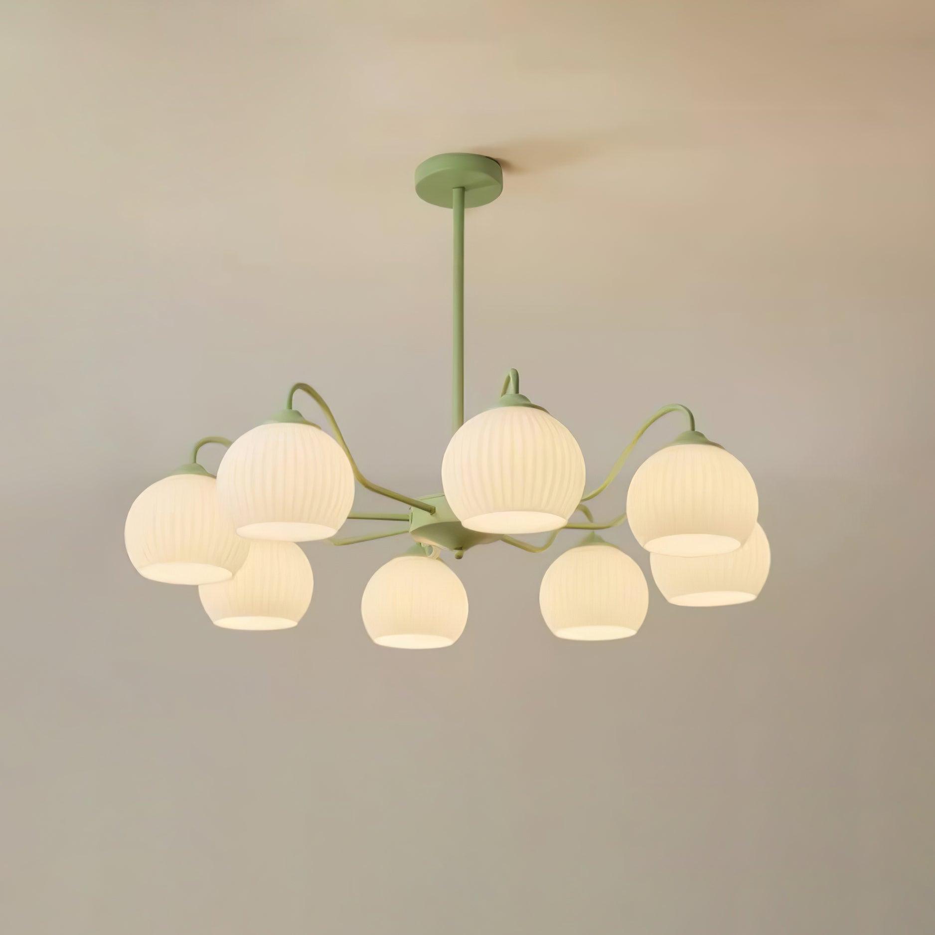 Modern Ribbed Glass Matcha Branch Chandelier with Milky White Shades for Living Dining Room