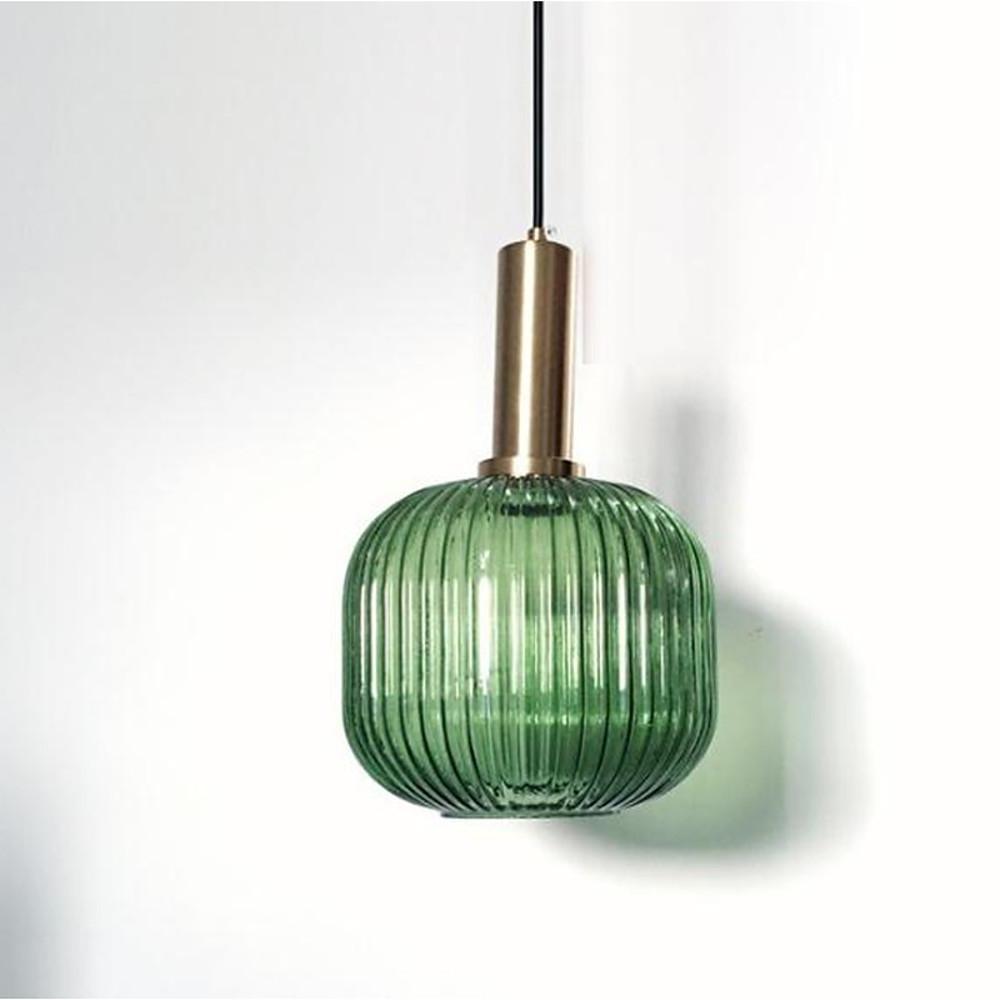 Modern Ribbed Glass Pendant Light with Metal Fixture in Amber Green and Gray Finishes