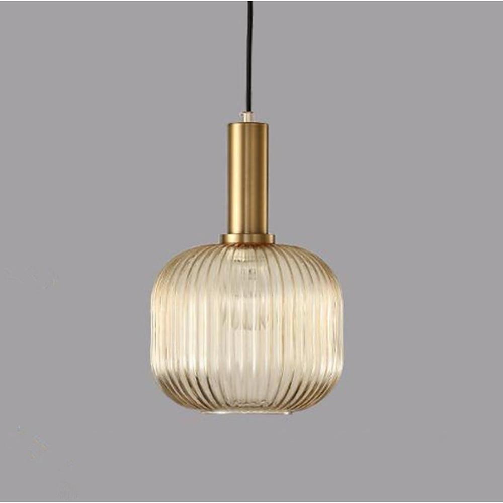 Modern Ribbed Glass Pendant Light with Metal Fixture in Amber Green and Gray Finishes