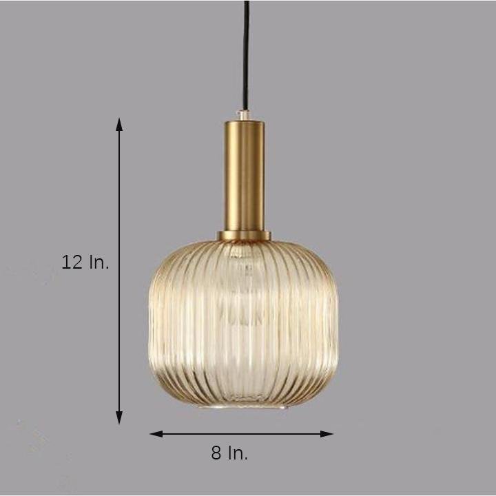 Modern Ribbed Glass Pendant Light with Metal Fixture in Amber Green and Gray Finishes