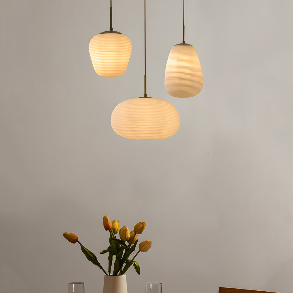Modern Ribbed White Glass Cocoon Pendant Light Geometric Hanging Lamp with Brass Accents