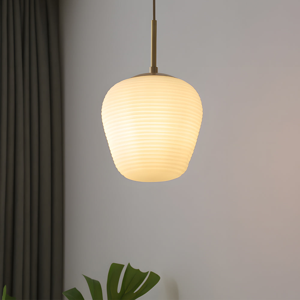 Modern Ribbed White Glass Cocoon Pendant Light Geometric Hanging Lamp with Brass Accents