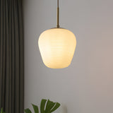 Modern Ribbed White Glass Cocoon Pendant Light Geometric Hanging Lamp with Brass Accents