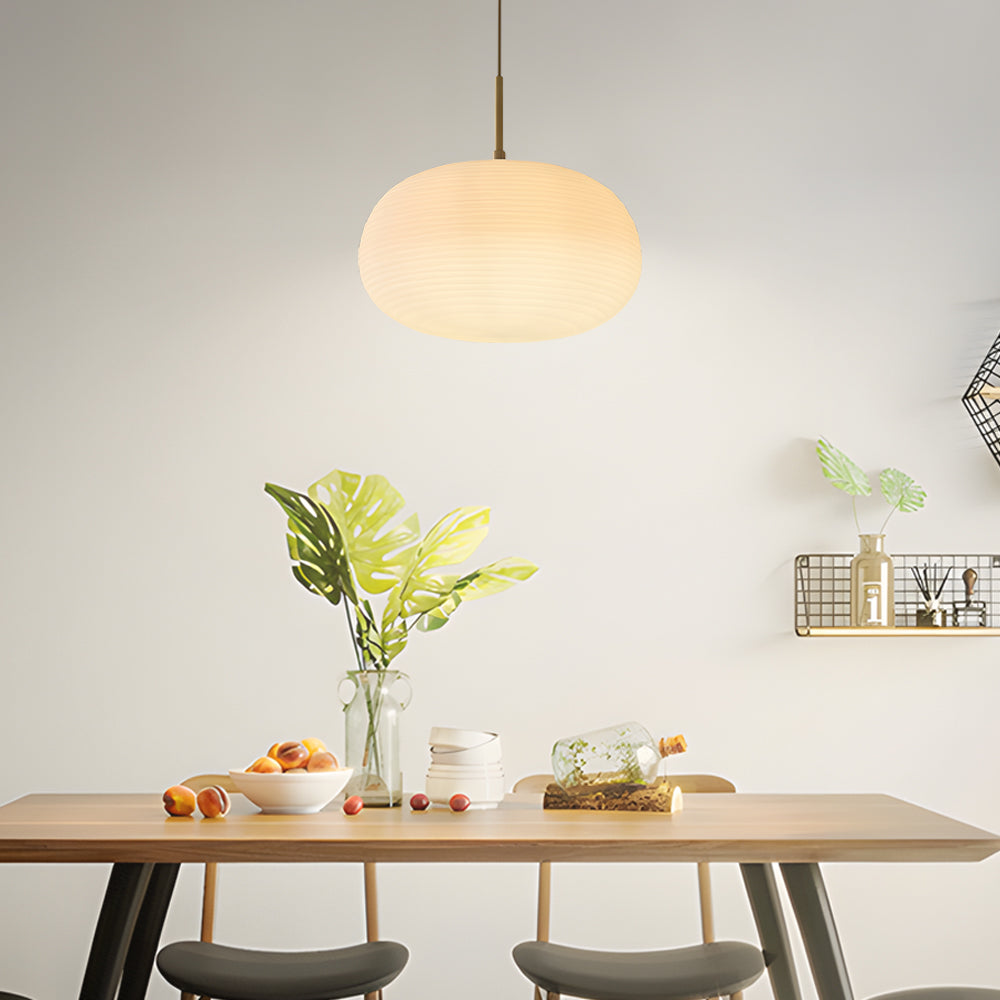 Modern Ribbed White Glass Cocoon Pendant Light Geometric Hanging Lamp with Brass Accents