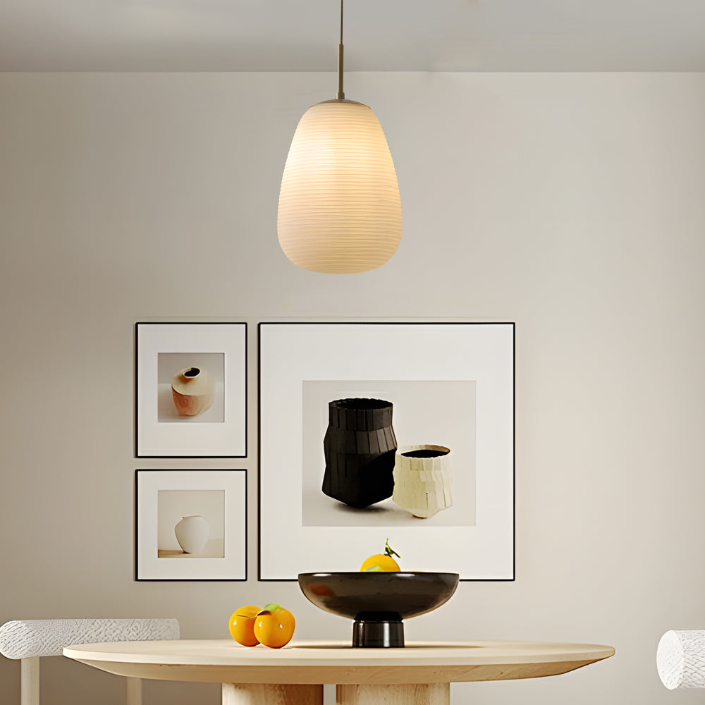 Modern Ribbed White Glass Cocoon Pendant Light Geometric Hanging Lamp with Brass Accents