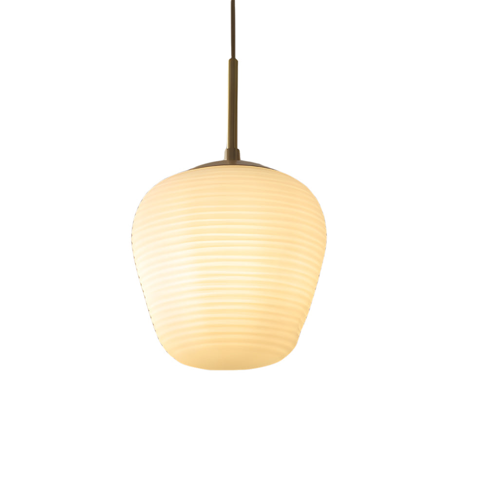 Modern Ribbed White Glass Cocoon Pendant Light Geometric Hanging Lamp with Brass Accents