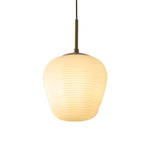 Modern Ribbed White Glass Cocoon Pendant Light Geometric Hanging Lamp with Brass Accents