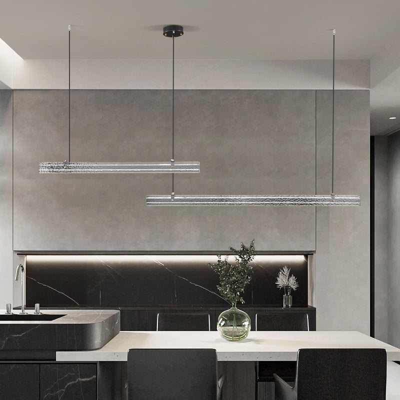 Modern Ribbon Textured LED Linear Pendant Light with Smoke Grey Glass Shade