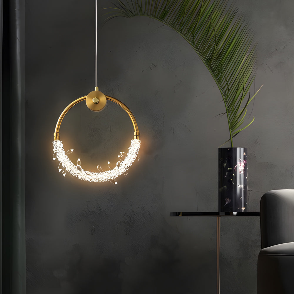 Modern Ring LED Crystal Pendant Light 11 Inch Small Circular Bedside Hanging Lamp