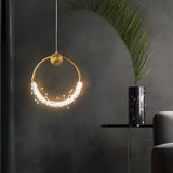 Modern Ring LED Crystal Pendant Light 11 Inch Small Circular Bedside Hanging Lamp