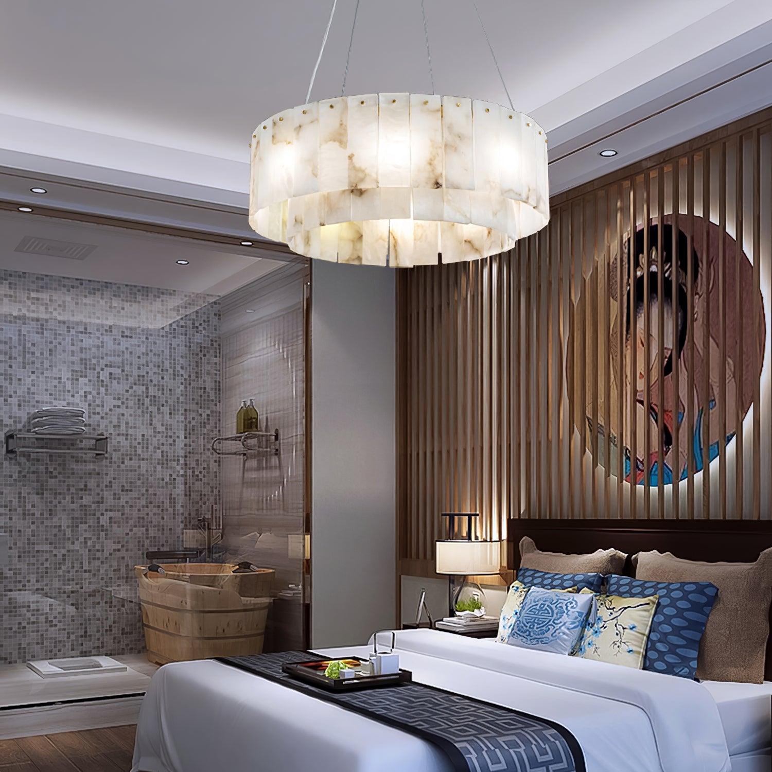 Modern Rock Alabaster Round Chandelier with Brass Hardware for Dining Room