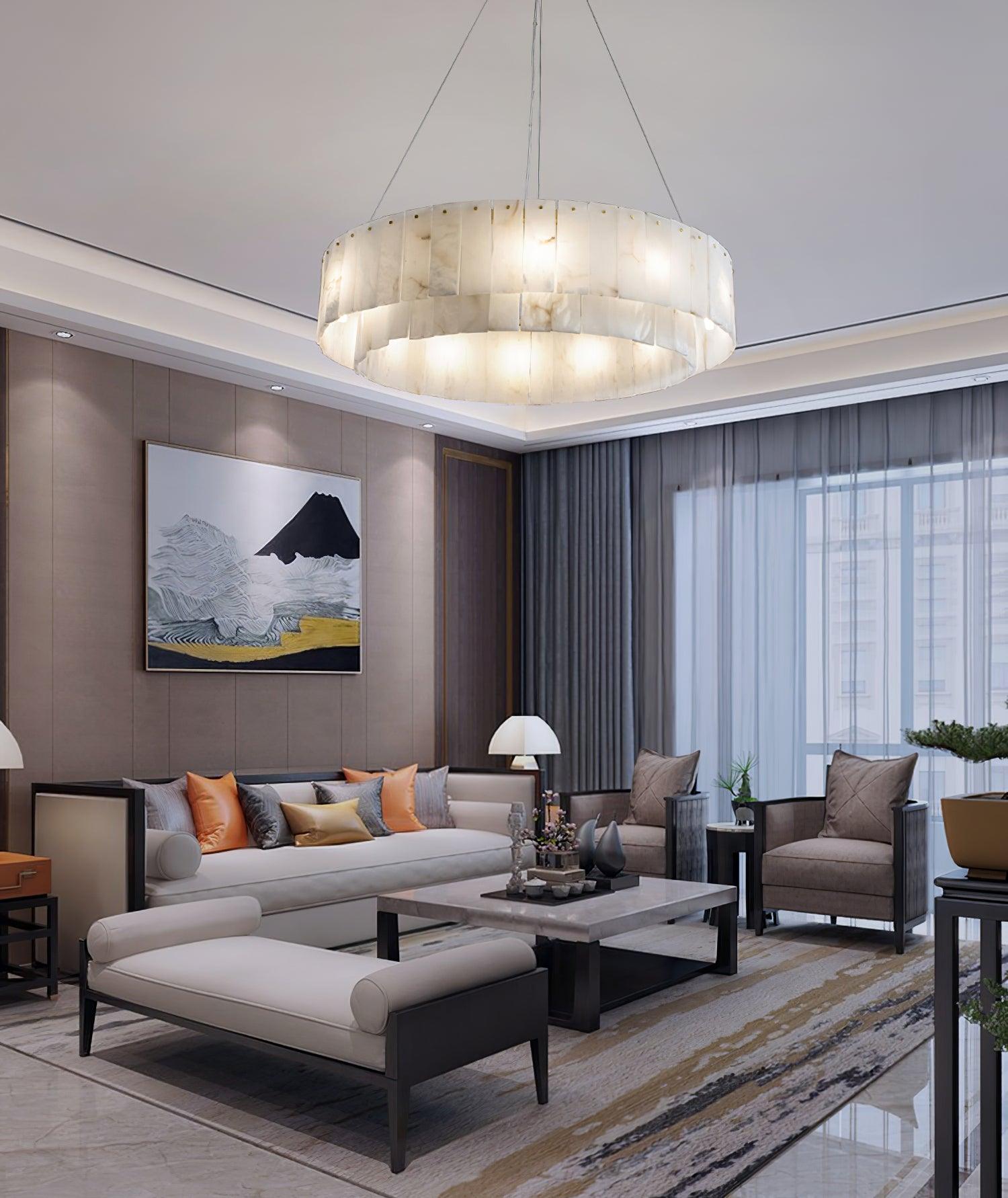 Modern Rock Alabaster Round Chandelier with Brass Hardware for Dining Room