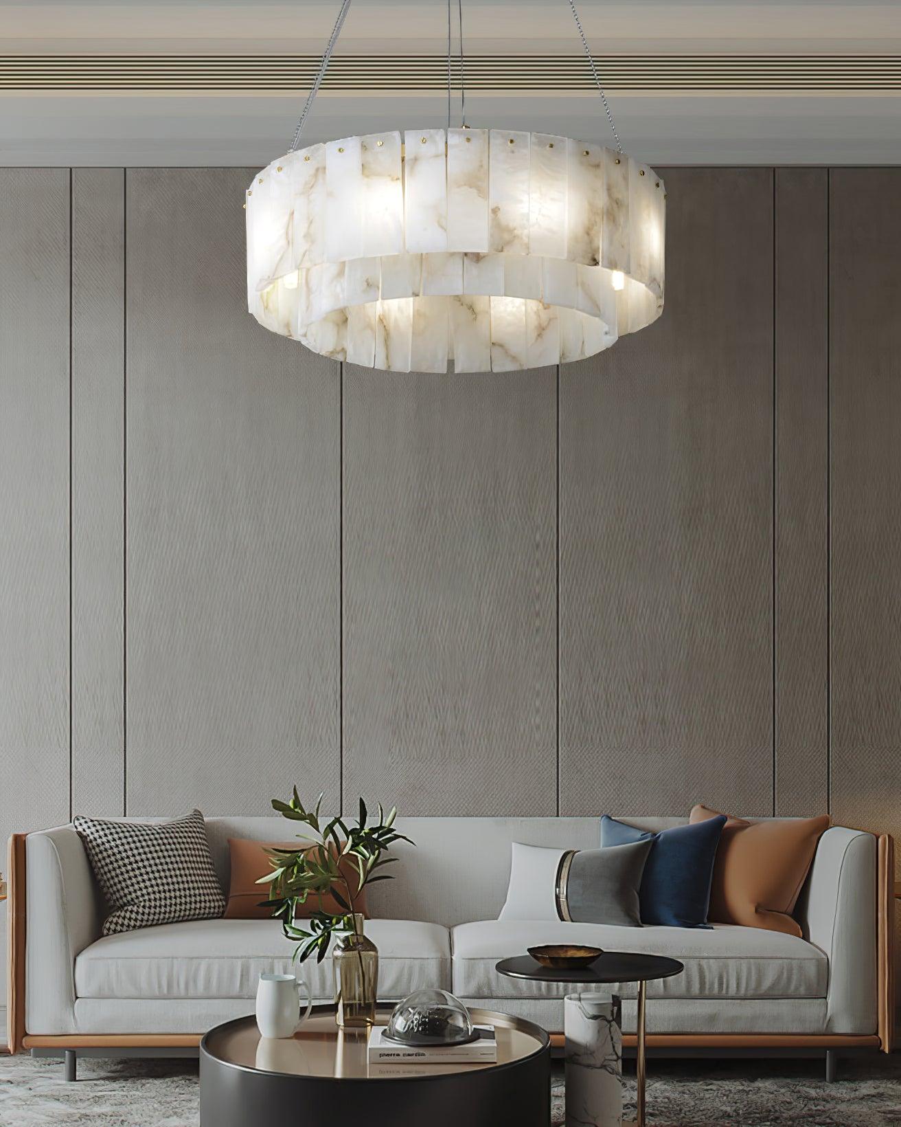 Modern Rock Alabaster Round Chandelier with Brass Hardware for Dining Room