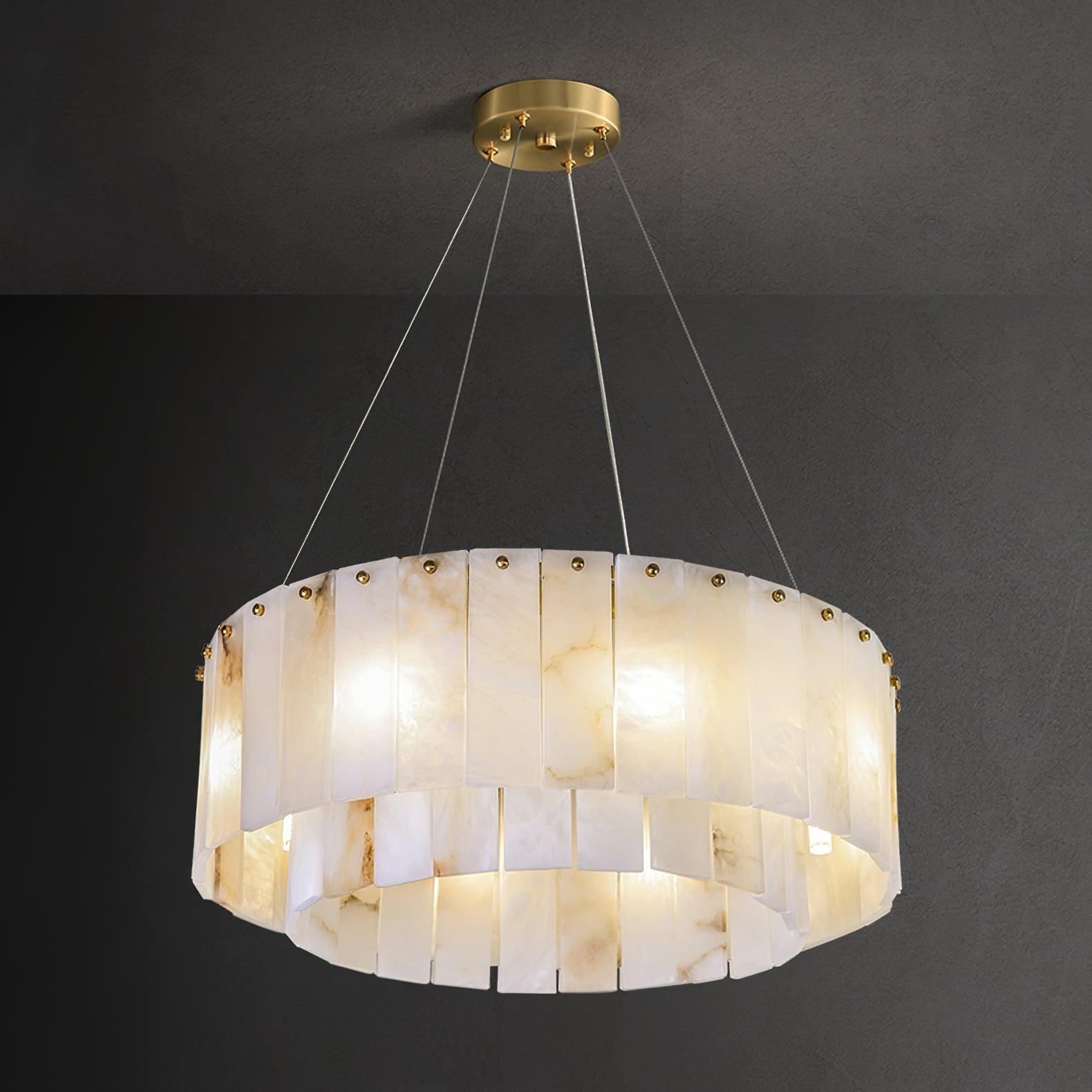 Modern Rock Alabaster Round Chandelier with Brass Hardware for Dining Room