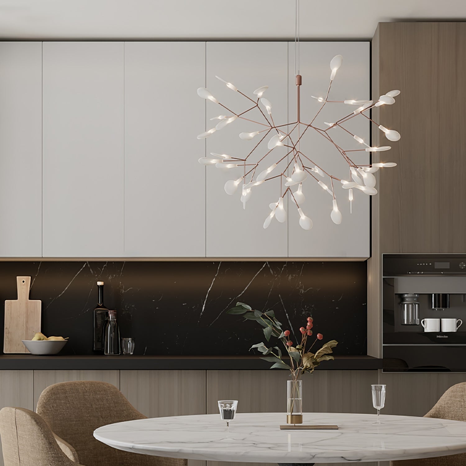 Modern Rose Gold Firefly LED Chandelier Contemporary Nature Inspired Leaf Pendant Lighting