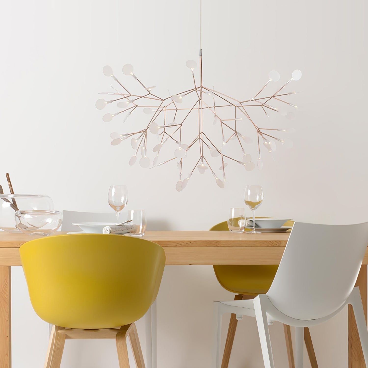 Modern Rose Gold Firefly LED Chandelier Contemporary Nature Inspired Leaf Pendant Lighting