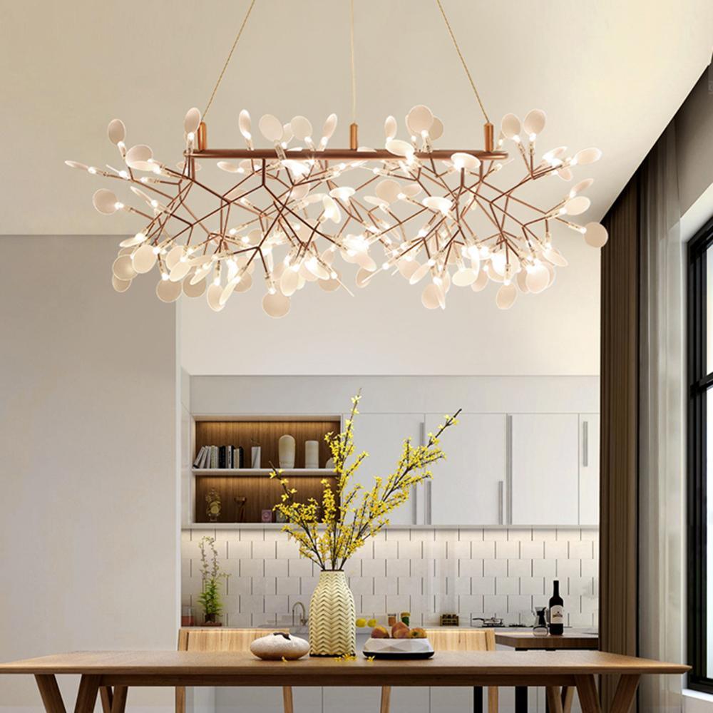 Modern Rose Gold Firefly LED Chandelier Contemporary Nature Inspired Leaf Pendant Lighting