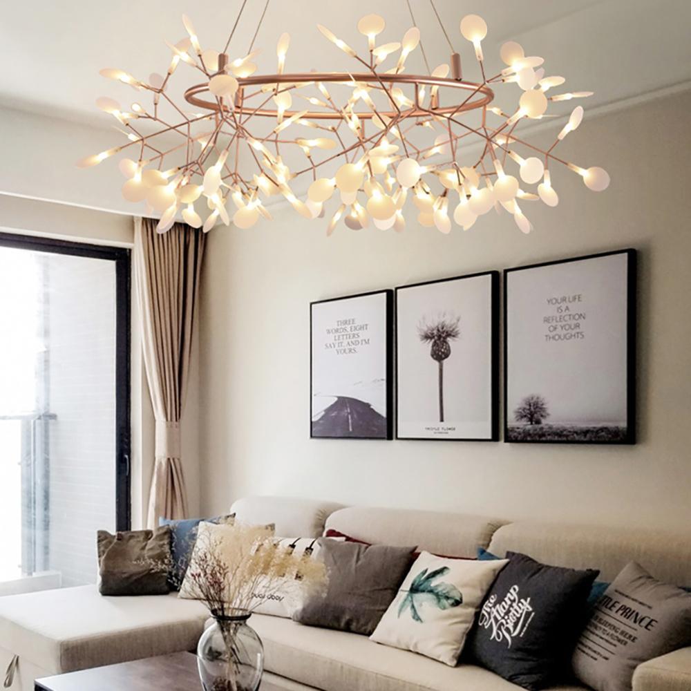 Modern Rose Gold Firefly LED Chandelier Contemporary Nature Inspired Leaf Pendant Lighting