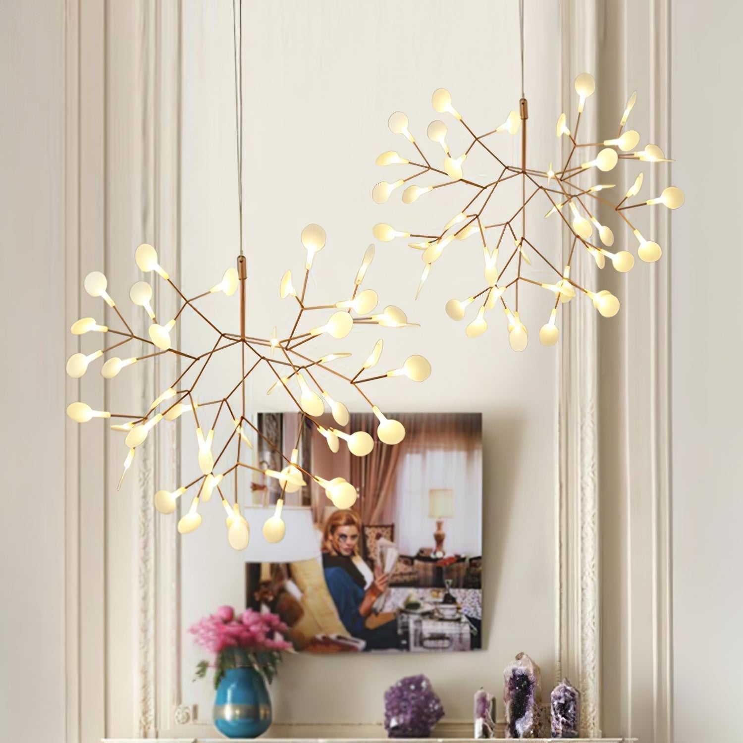 Modern Rose Gold Firefly LED Chandelier Contemporary Nature Inspired Leaf Pendant Lighting
