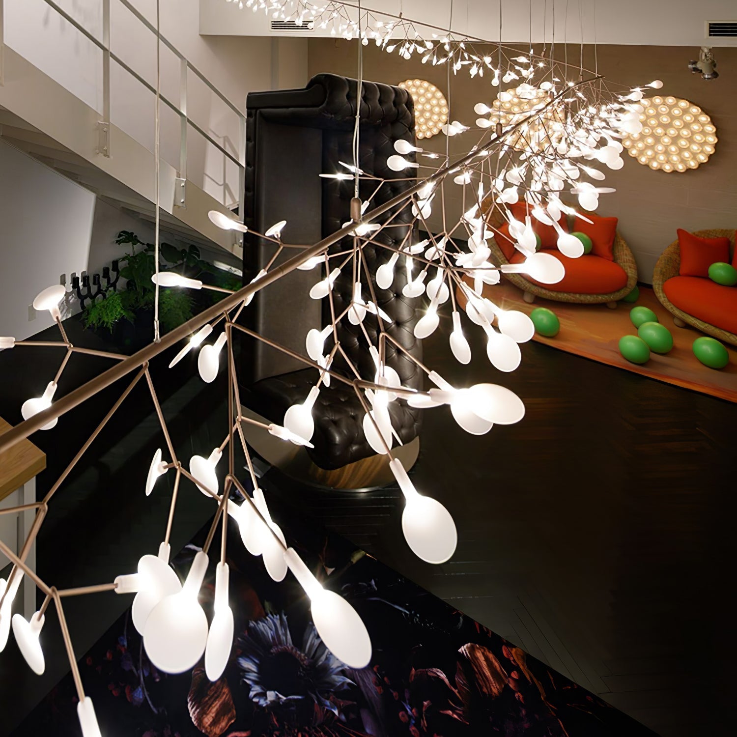 Modern Rose Gold Firefly LED Chandelier Contemporary Nature Inspired Leaf Pendant Lighting