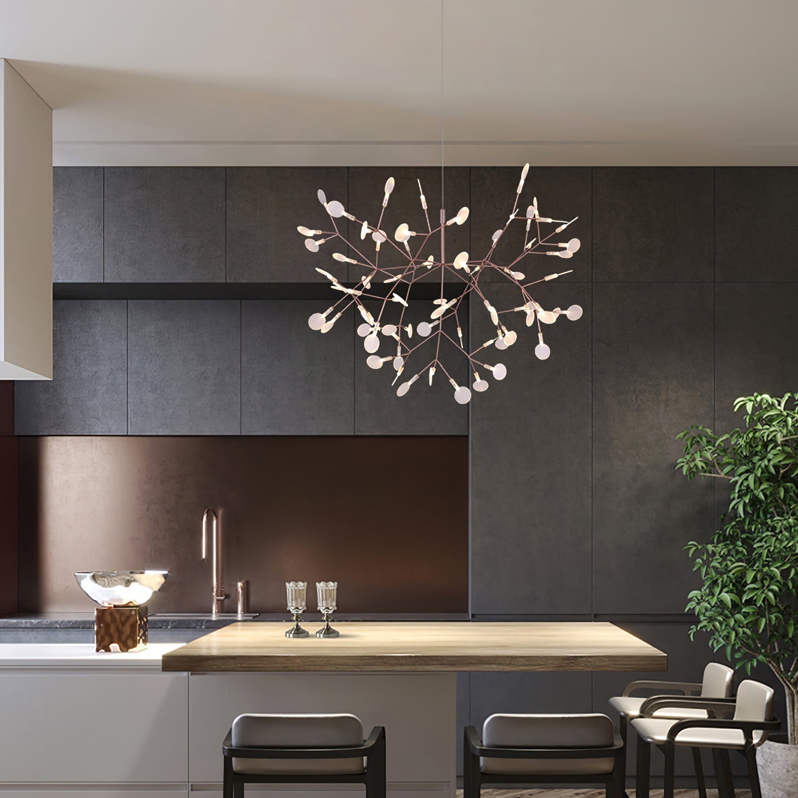 Modern Rose Gold Firefly LED Chandelier Contemporary Nature Inspired Leaf Pendant Lighting