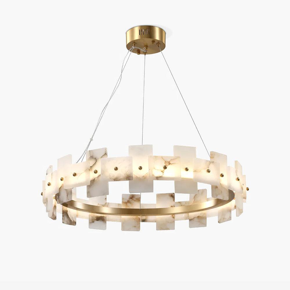 Modern Round Alabaster Halo Chandelier with Antique Brass Ring for Dining Room