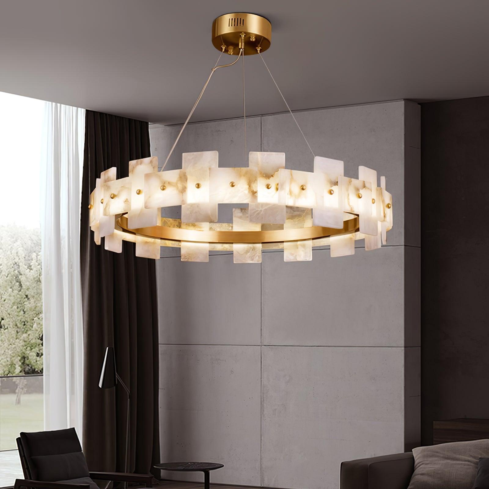 Modern Round Alabaster Halo Chandelier with Antique Brass Ring for Dining Room