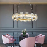 Modern Round Alabaster Halo Chandelier with Antique Brass Ring for Dining Room