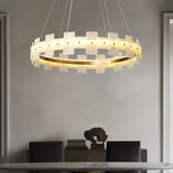 Modern Round Alabaster Halo Chandelier with Antique Brass Ring for Dining Room
