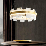 Modern Round Alabaster Halo Chandelier with Antique Brass Ring for Dining Room