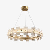Modern Round Alabaster Halo Chandelier with Antique Brass Ring for Dining Room
