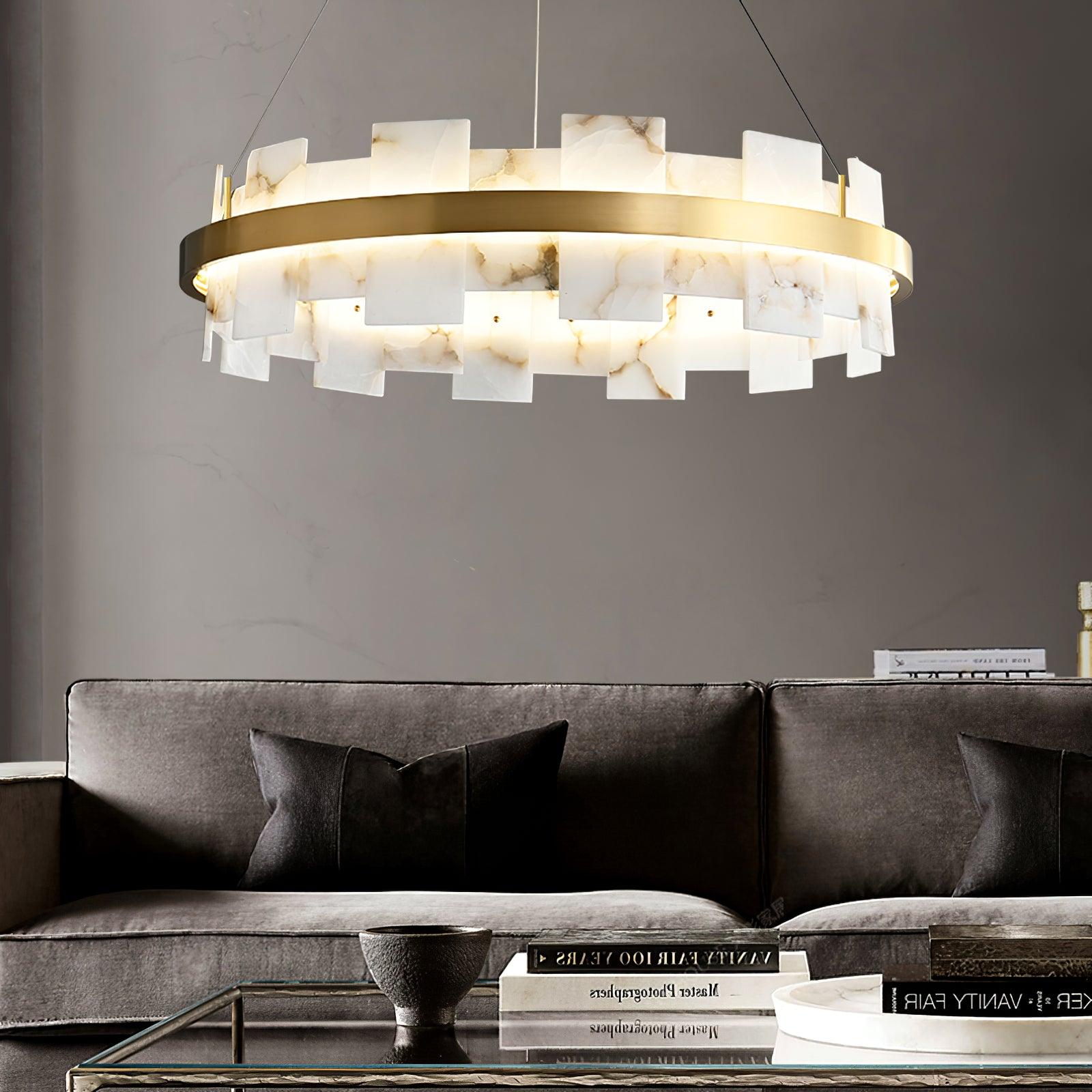 Modern Round Alabaster Halo Chandelier with Antique Brass Ring for Dining Room