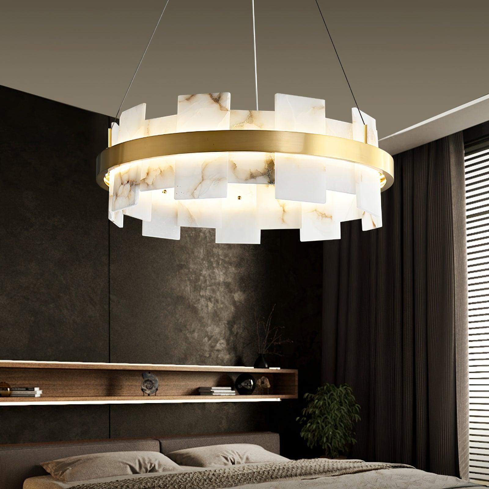 Modern Round Alabaster Halo Chandelier with Antique Brass Ring for Dining Room