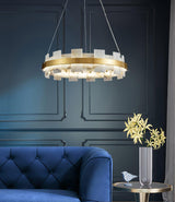 Modern Round Alabaster Halo Chandelier with Antique Brass Ring for Dining Room