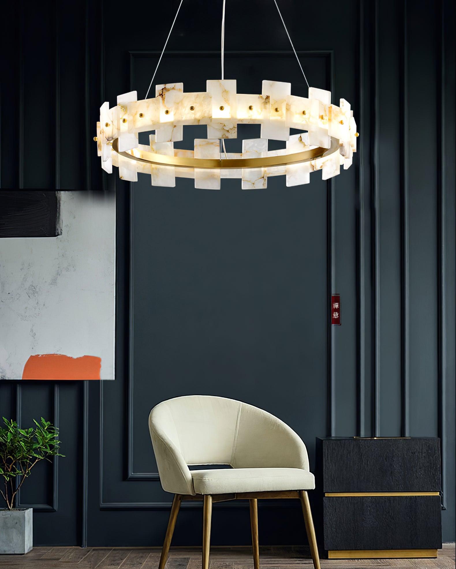Modern Round Alabaster Halo Chandelier with Antique Brass Ring for Dining Room