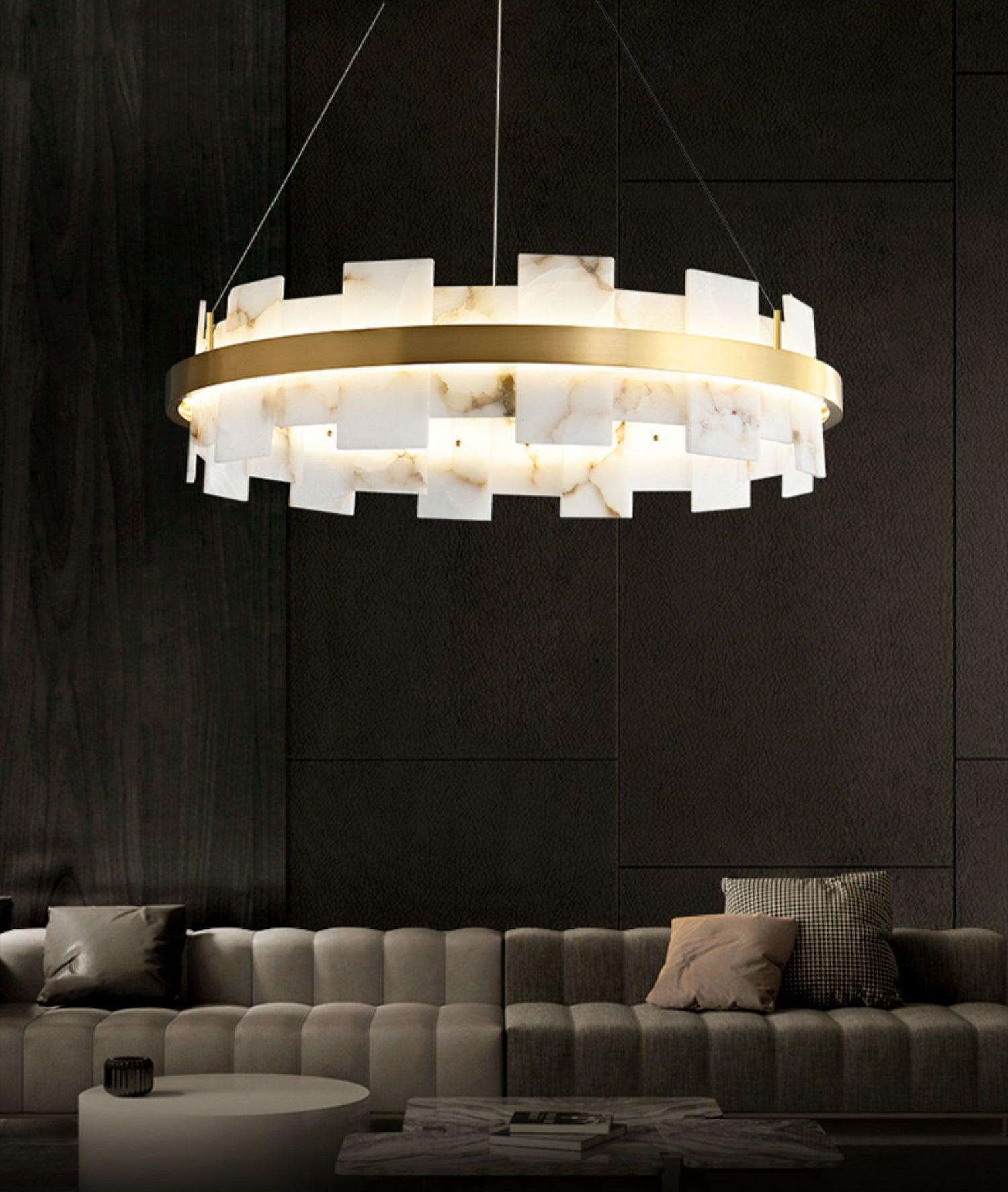 Modern Round Alabaster Halo Chandelier with Antique Brass Ring for Dining Room