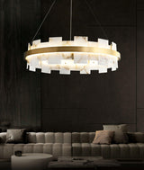 Modern Round Alabaster Halo Chandelier with Antique Brass Ring for Dining Room