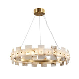 Modern Round Alabaster Halo Chandelier with Antique Brass Ring for Dining Room
