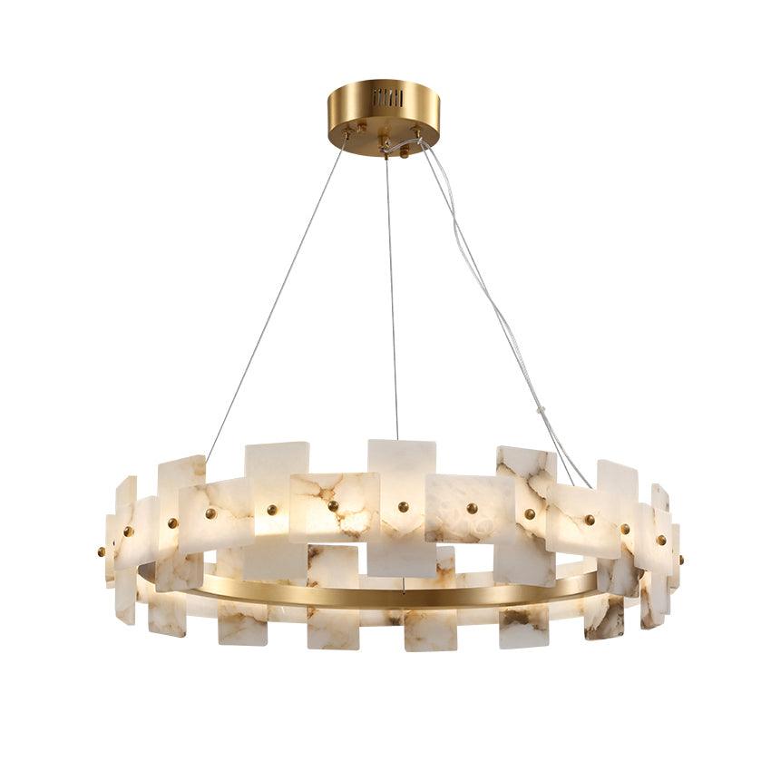 Modern Round Alabaster Halo Chandelier with Antique Brass Ring for Dining Room