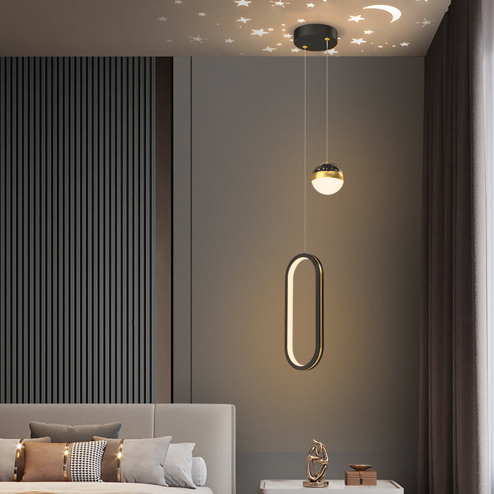 Modern Round and Oval Ring LED Pendant Light with Starry Sky Projection and 3 Color Dimming