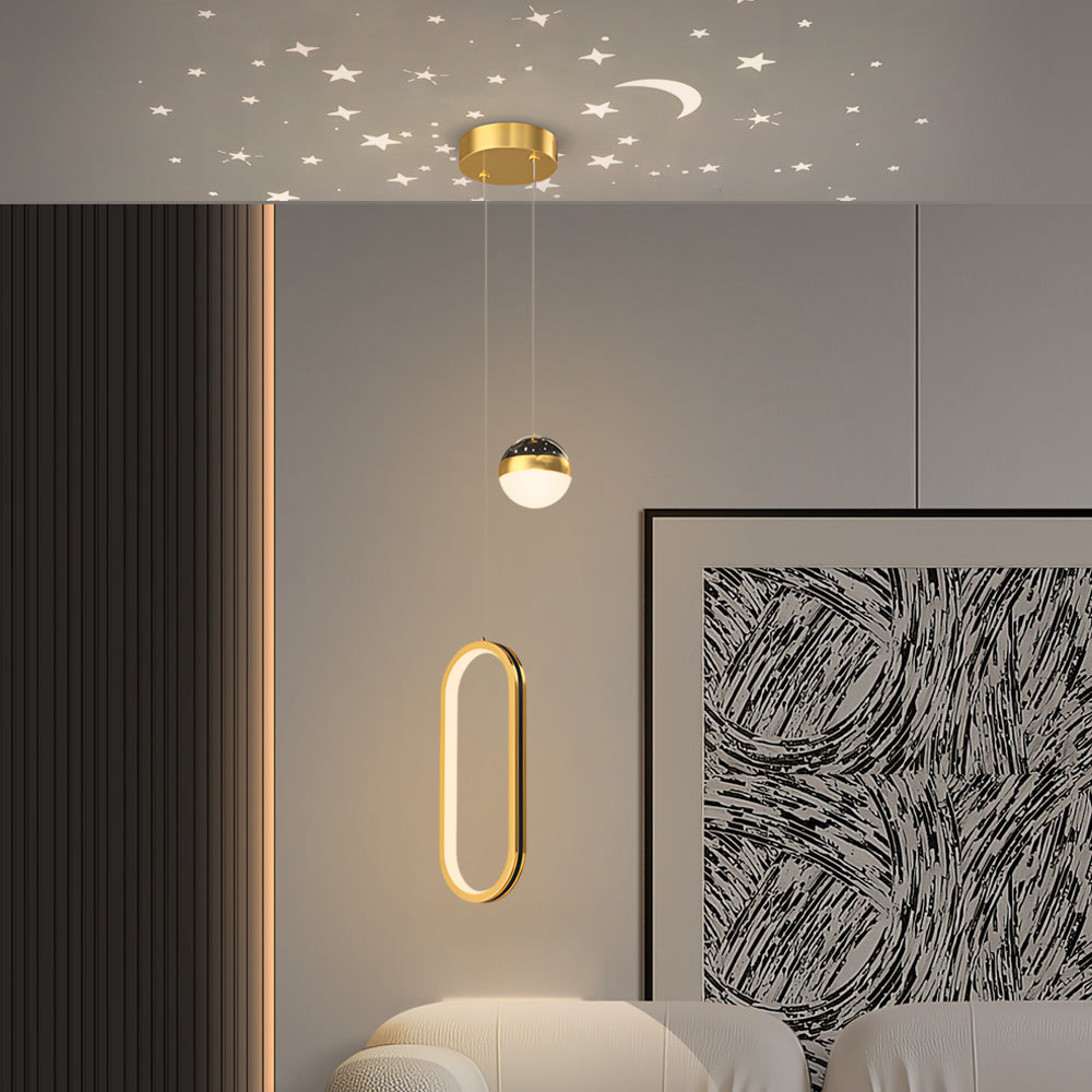 Modern Round and Oval Ring LED Pendant Light with Starry Sky Projection and 3 Color Dimming