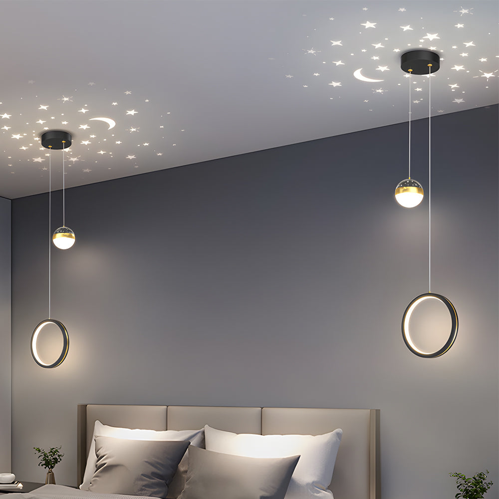 Modern Round and Oval Ring LED Pendant Light with Starry Sky Projection and 3 Color Dimming