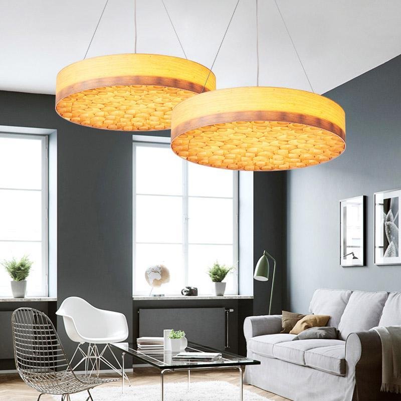 Modern Round Cherry Wood Drum Pendant Light 24 Inch Large Farmhouse LED Hanging Ceiling Fixture