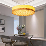 Modern Round Cherry Wood Drum Pendant Light 24 Inch Large Farmhouse LED Hanging Ceiling Fixture