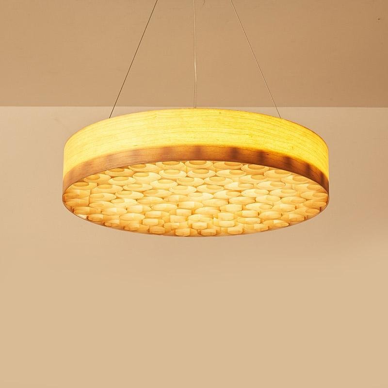Modern Round Cherry Wood Drum Pendant Light 24 Inch Large Farmhouse LED Hanging Ceiling Fixture