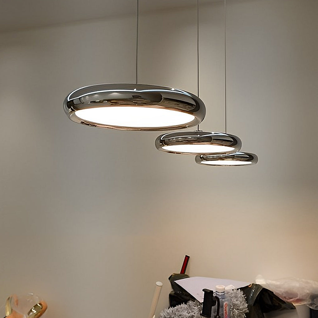 Modern Round Chrome LED Pendant Light Minimalist Aluminum Acrylic Chandelier for Dining Room