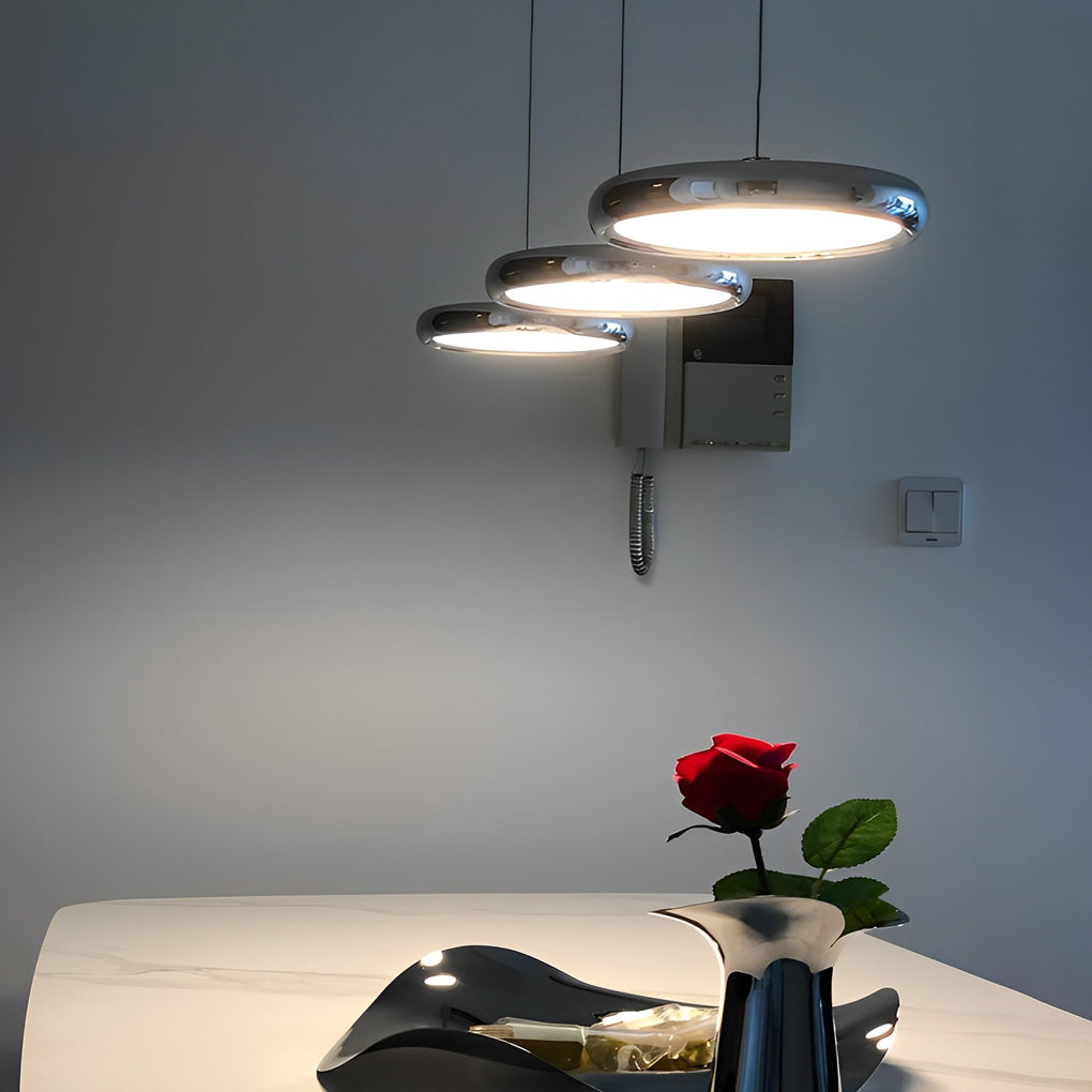 Modern Round Chrome LED Pendant Light Minimalist Aluminum Acrylic Chandelier for Dining Room