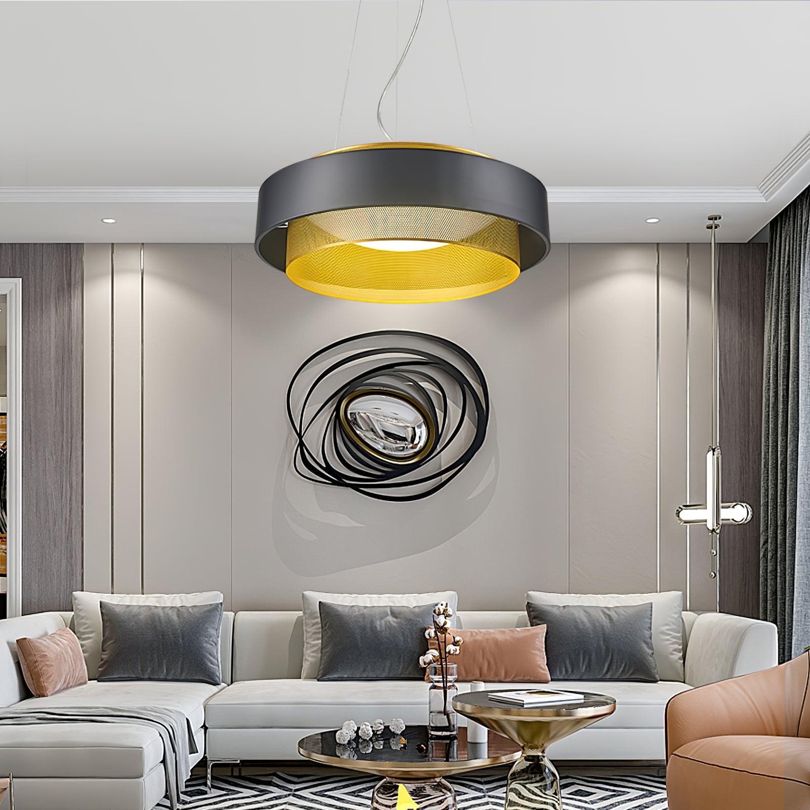 Modern Round Circular LED Pendant Light in Gold and Black Geometric Design