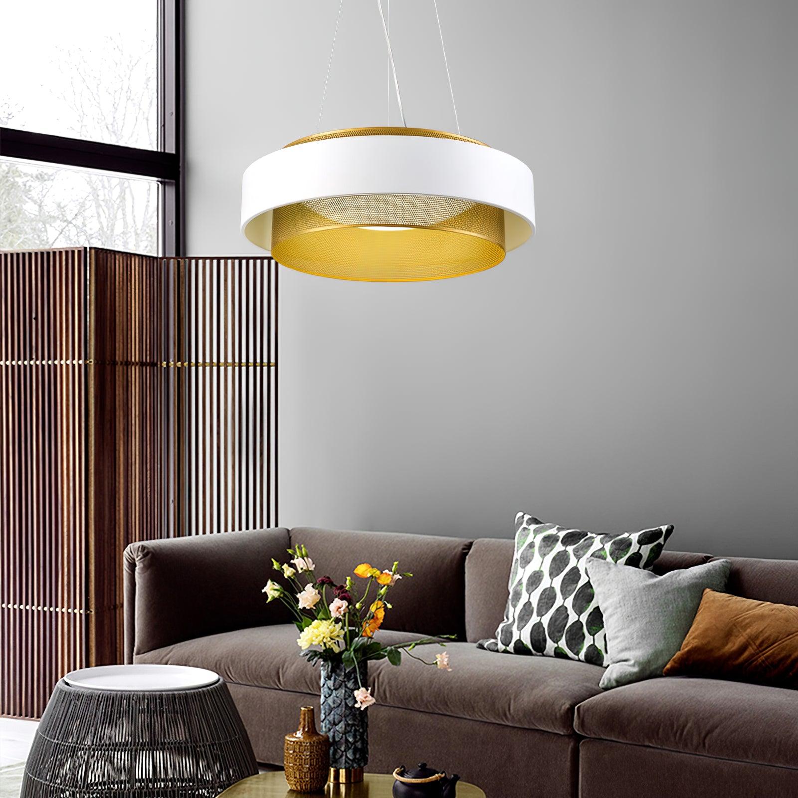 Modern Round Circular LED Pendant Light in Gold and Black Geometric Design