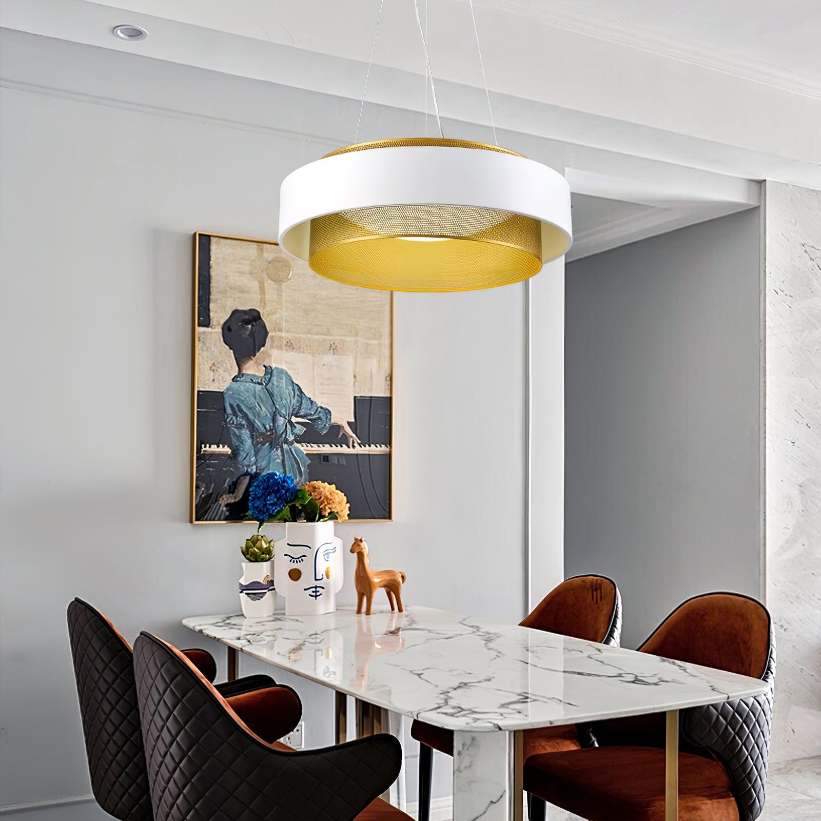 Modern Round Circular LED Pendant Light in Gold and Black Geometric Design